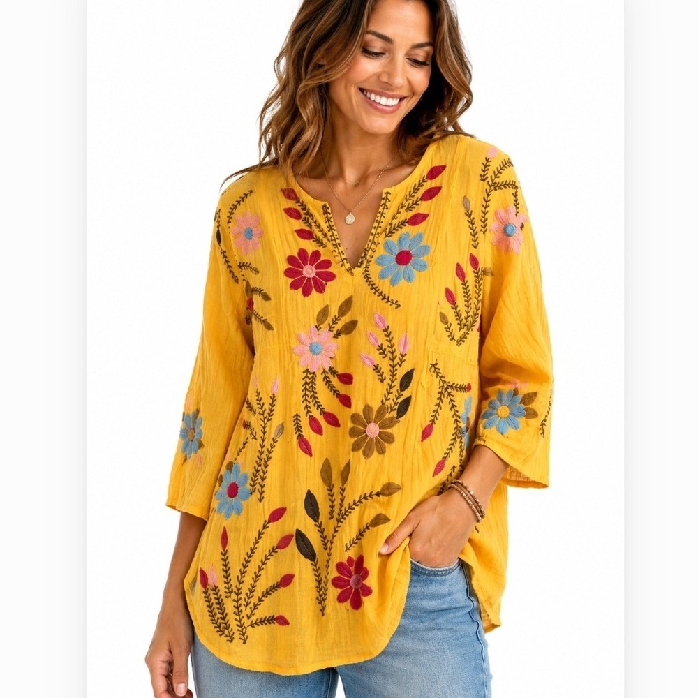 Avani Del Amour Yellow Floral Embroidered Tunic Small Top Boho Cottagecore